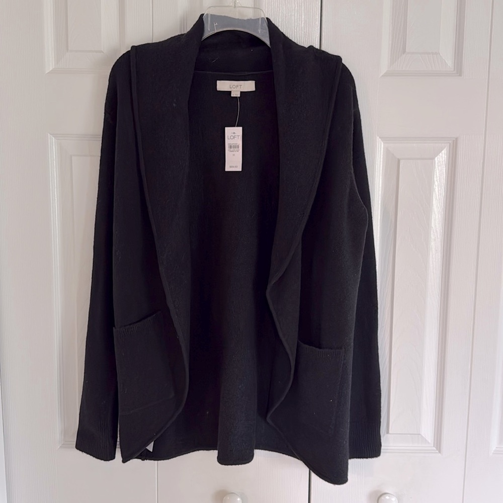 NWT LOFT Black Open-Front Sweater Cardigan w/ Shawl Collar- Front Pockets- M